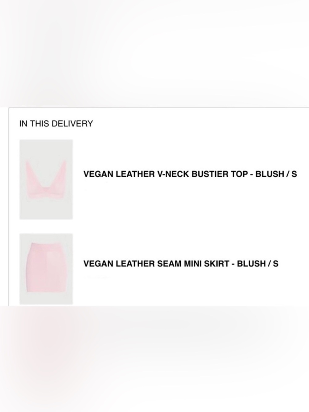 Two-piece set soft pink vegan-leather bustier and matching skirt
